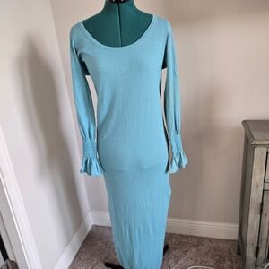 Spiegel Maxi Dress Womens Large Blue Cashmere Blend Ruffle Sleeve 05808